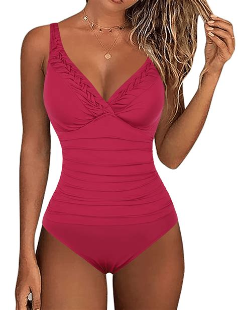 hilor womens one piece swimsuits pin tucked surplice swimwear tummy control bathing suits