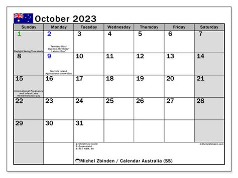 Calendar October 2023 Australia Michel Zbinden En