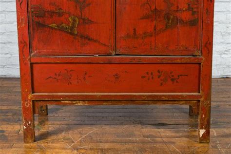 Qing Dynasty 19th Century Hand Painted Cabinet With Original Red