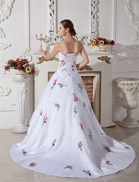 Beautiful White A Line Strapless Embroidery Satin Organza Wedding Gown