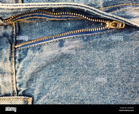 Zipper On Jeans Jeans Texture Close Up Denim Background Unzipped