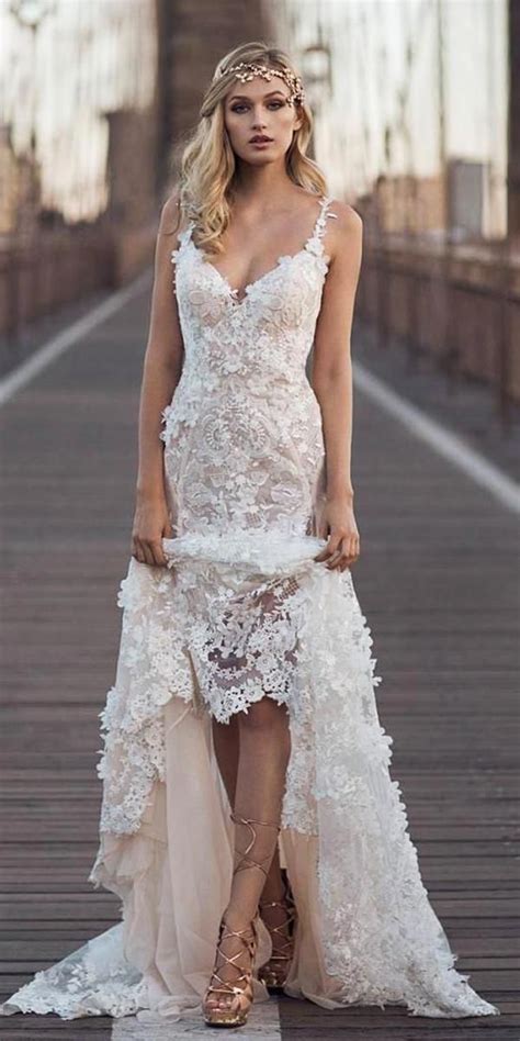 Lace Sheath Romantic Bridal Gowns With Spaghetti Straps Floral Appliques Galia Laha In 2020
