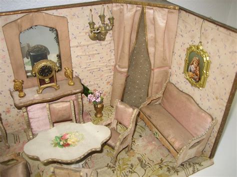 Antique French Miniature Dollhouse Pale Pink Parlor Furnishings Room