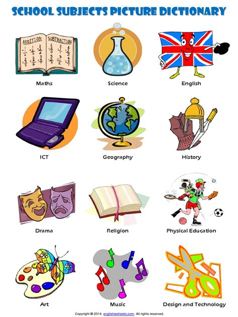 School Subjects Esl Picture Dictionary Worksheet Pdf