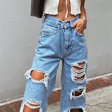 Women Vintage Exaggerated Big Holes Ripped Jeans Rippedjeans