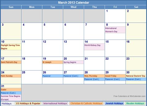 March 2013 Calendar With Holidays As Picture