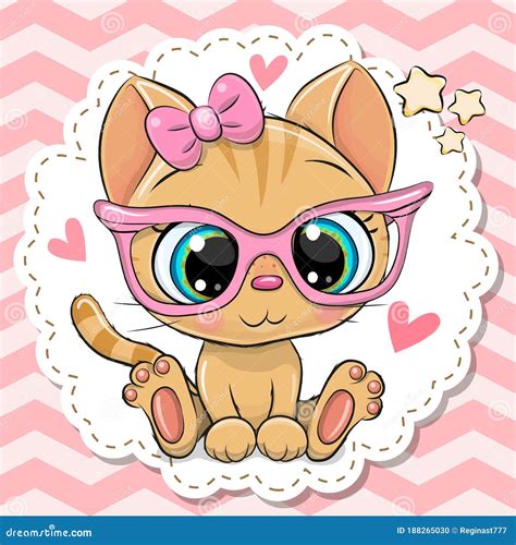 Cartoon Orange Kitten Girl In Pink Eyeglasses With A Bow Stock Vector