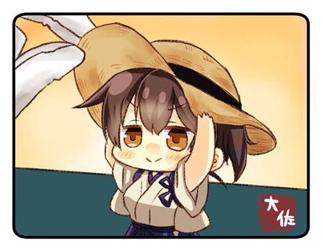 Admiral Kancolle Anthropomorphism Blush Brown Eyes Brown Hair Chibi Hat Japanese Clothes Kaga