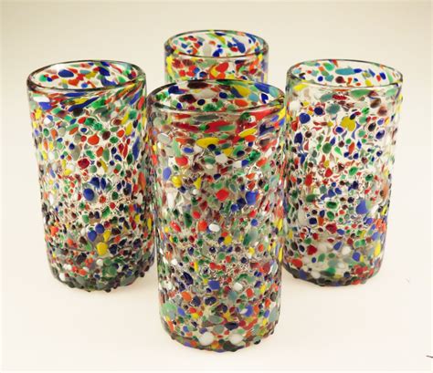 Mexican Glass Bumpy Confetti Tumbler Drinking Glasses 16oz Set Of 4 Made In Mexico With