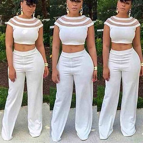 New Two Piece Crop Top And High Waist Wide Leg White Pants Set