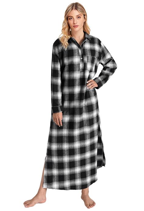 Womens Plaid Flannel Nightgowns Full Length Sleep Shirts Latuza