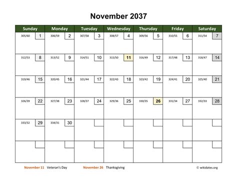 November 2037 Calendar With Day Numbers