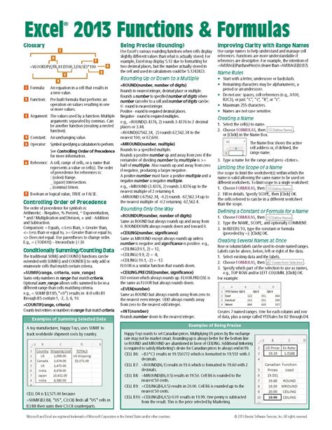 Excel Formulas Cheat Sheet Printable