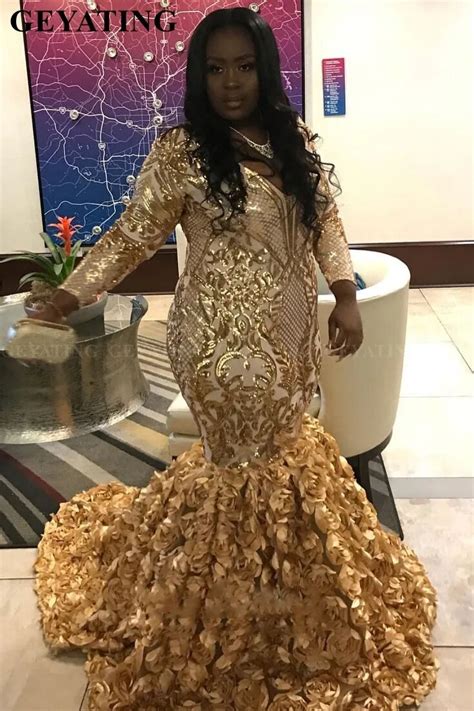 Sparkly Gold Sequin 3d Floral Mermaid Plus Size African Prom Dresses