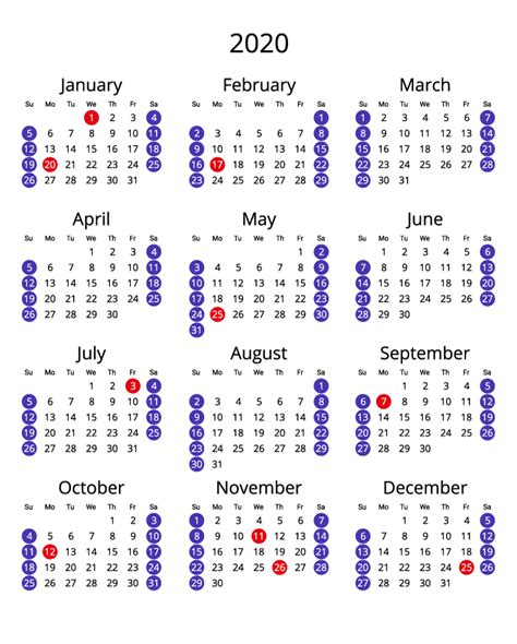 2020 Yearly Calendar Free Download  Format