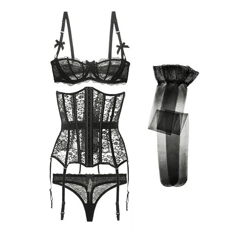 Lace Demi Cup Sexy Bra Set With Waist Corset Garter Belt Stockings Lingerie Ebay