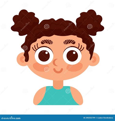 Curly Haired Brunette Girl In Blue Top Smiling In Cartoon Style Human