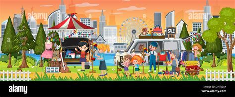 Flea Market Scene In Cartoon Style Illustration Stock Vector Image