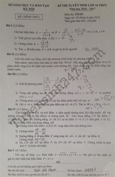 Cách phúc khảo bài thi tuyển sinh lớp 10 tại hà nội. Đáp án đề thi vào lớp 10 môn Toán Hà Nội năm 2016 (Có ...