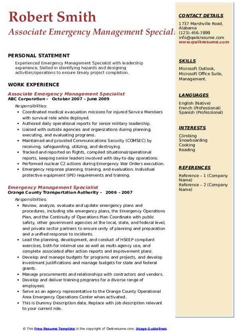 Use this emergency management resume template to highlight your key skills, accomplishments, and work experiences. Emergency Management Specialist Resume Samples | QwikResume