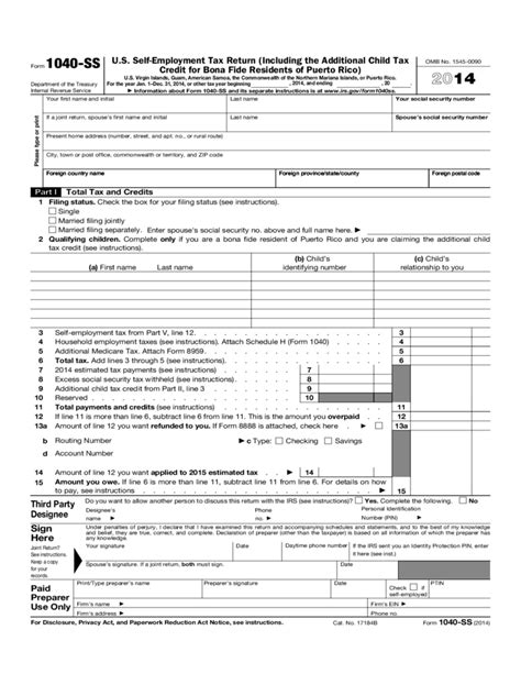 Form 1040 Ss Us Self Employment Tax Return Form 2014 Free Download