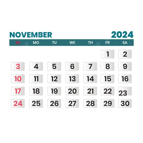 Calendário Mensal De Novembro De 2024 Com Fundo Transparente Vetor Png