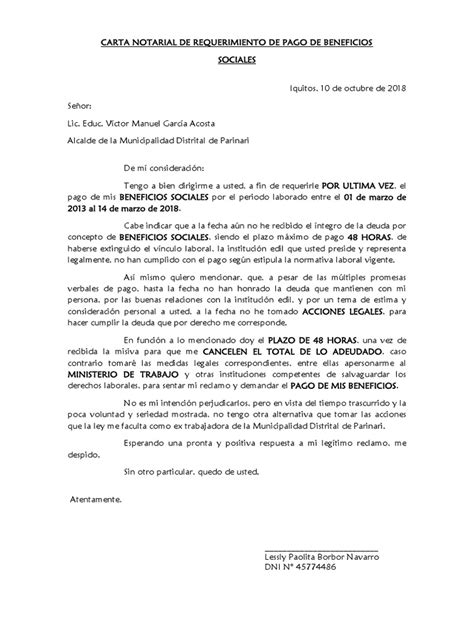 Carta Notarial De Requerimiento De Pago De Beneficios Paolita