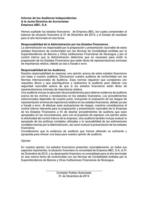 Informe De Los Auditores Independientes Pdf Contralor Contabilidad