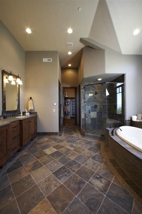 Notice how the glass tile mosaic on the wall recalls the shades of marble too. Slate Flooring Pictures | Slate bathroom tile, Slate ...