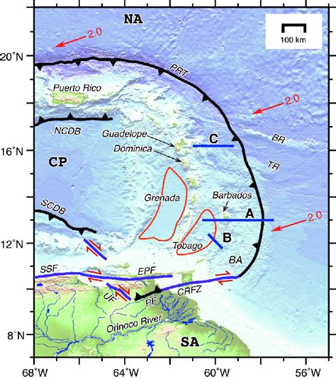 The lesser antilles subduction zone is a convergent plate boundary on the seafloor along the eastern margin of the lesser antilles volcanic arc. Index map of the Lesser Antilles margin. Blue lines with ...
