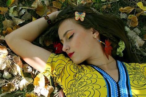 Girl Autumn Leaves Portrait Vegetation Beauty Seductive Yellow