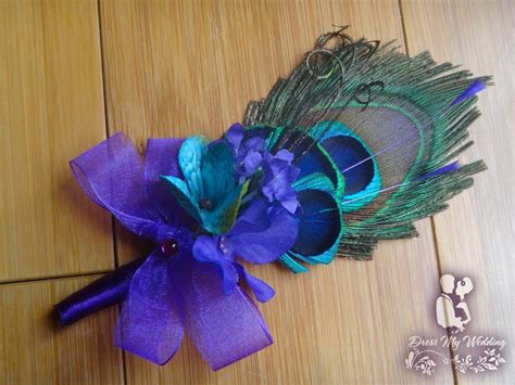 dress my wedding peacock feather boutonniere corsage customize to match your wedding colors