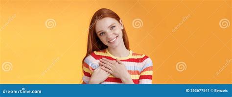 Pleased Tender Feminine Good Looking Redhead Woman Receive Compliment Confession Touch Heart