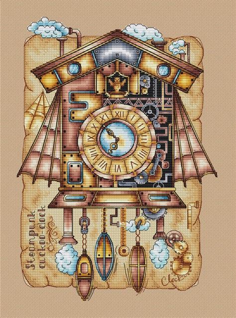 Steampunk Cuckoo Clock Vintage Cross Stitch Pattern Hand Etsy Cross