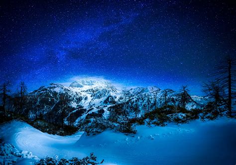 Desktop Wallpapers Stars Winter Nature Mountains Sky Snow Night Time