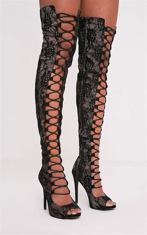 Safire Black Lace Up Thigh High Lace Heels High Heels