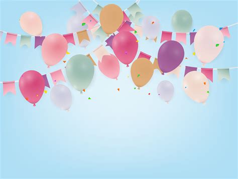 Birthday Poster With Balloons Colored Flags And Confetti On Blue