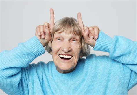 Grey Haired Old Nice Beautiful Laughing Woman Isolated Over White