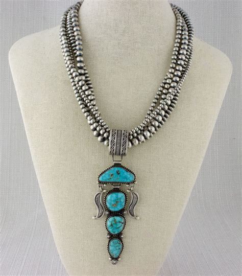 Navajo 5 Strand Sterling Silver Bead Necklace With Natural Kingman