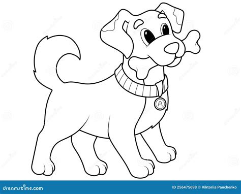 Dog With A Bone In Its Mouth Raster Isolated Children Coloring Book