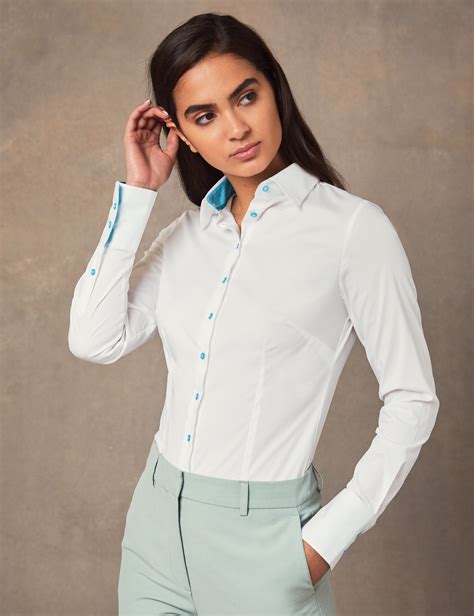 women s white stretch fitted shirt with with contrast collar and cuff single cuff hawes and curtis