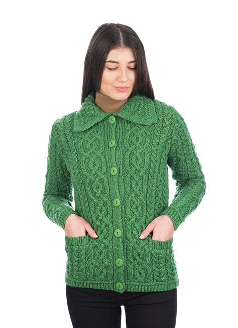 saol irish cardigan sweater for women 100 merino wool aran knit
