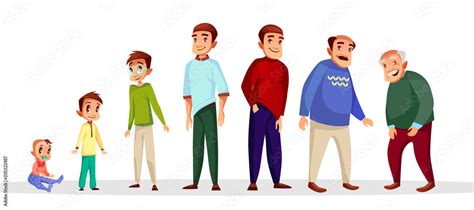 Vector Cartoon Male Character Growth And Aging Process Happy People