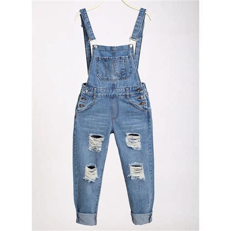 Women Jeans Overalls Hole Ripped Capris Distressed Denim Cowboy