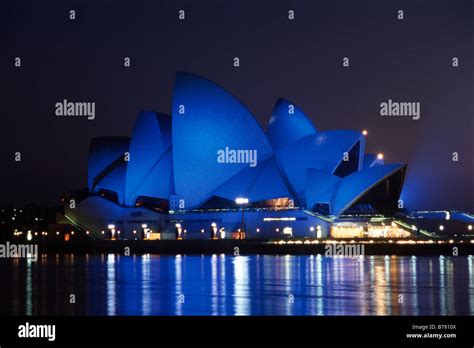 Sydney Opera House Illuminated In Blue Colour At Night Sydney New South Wales Australia Stock