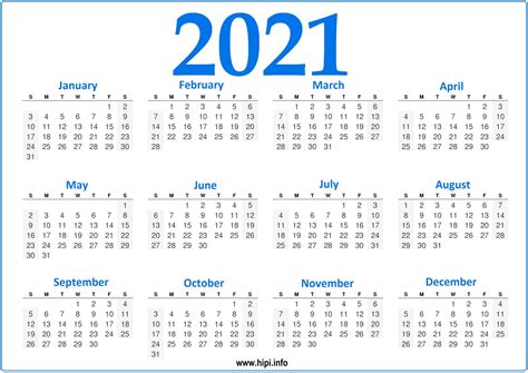 2021 Calendar Printable Yearly Template