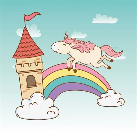 Premium Vector Cute Fairytale Unicorn With Rainbow In The Clouds