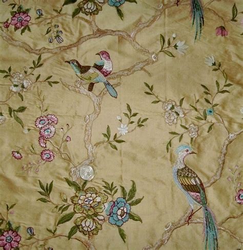 Designer Chinoiserie Embroidered Pheasant Birds Silk Fabric 10 Yards