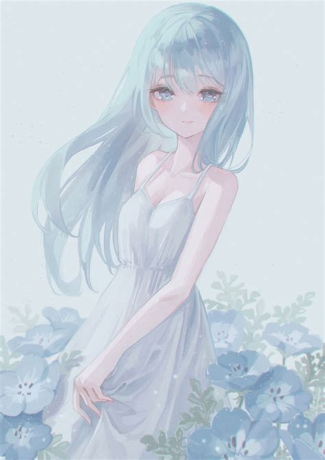 Marutani Original Highres Girl Blue Eyes Blue Flower Blush