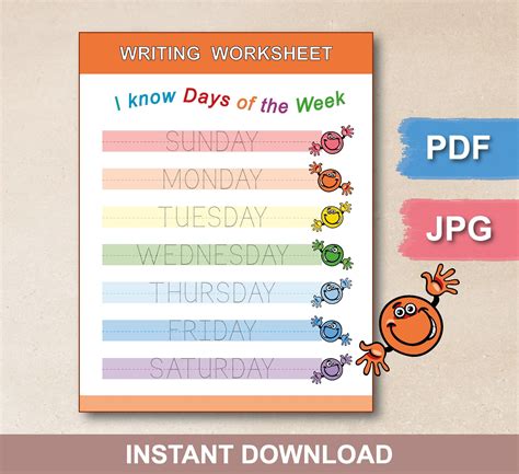 Days Of The Week Activity Worksheet Printable Handwriting Etsy
